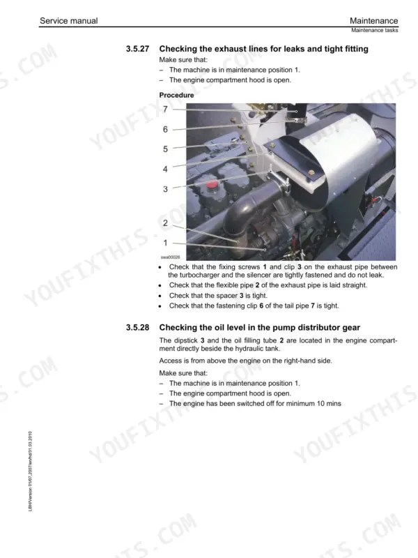 Liebherr L586 2plus2 maintenance procedure for checking exhaust lines for leaks and pump distributor gear oil level.
