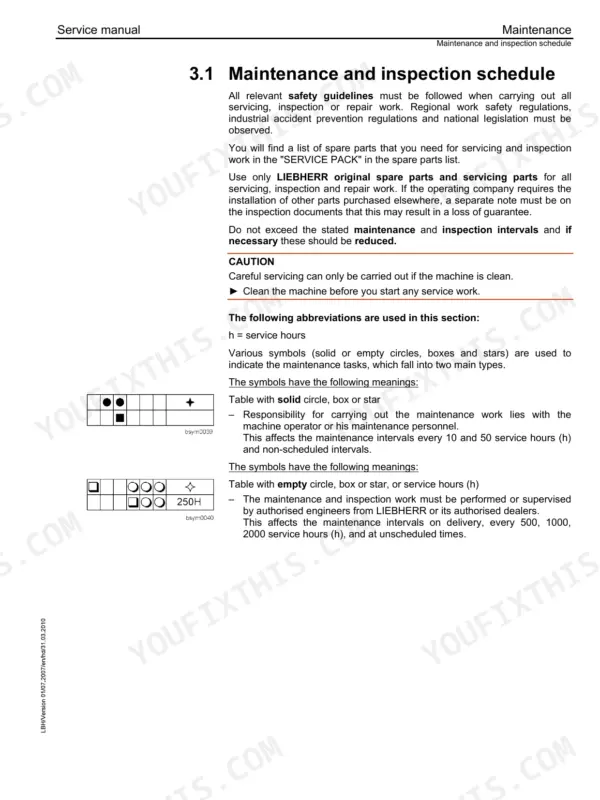Liebherr L586 2plus2 maintenance and inspection schedule page explaining service interval symbols and operator responsibilities.