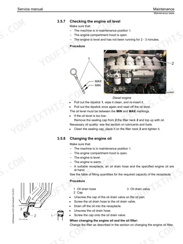 Liebherr L586 2plus2 maintenance procedures for checking engine oil level and changing engine oil with dipstick and drain valve diagrams.