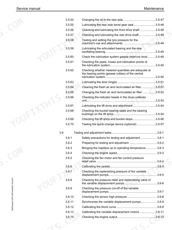 Liebherr L586 2plus2 service manual table of contents for maintenance, lubrication, and testing and adjustment tasks.