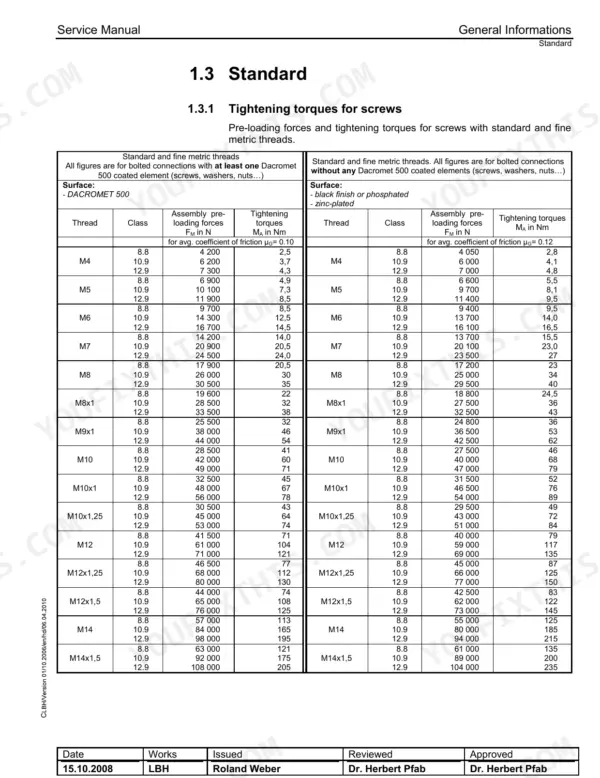 Liebherr L586 2plus2 service manual table showing standard and fine metric thread tightening torques for screws.