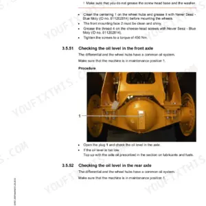 Liebherr L586 2plus2 maintenance manual: wheel hub greasing instructions and procedure for checking front axle oil level.