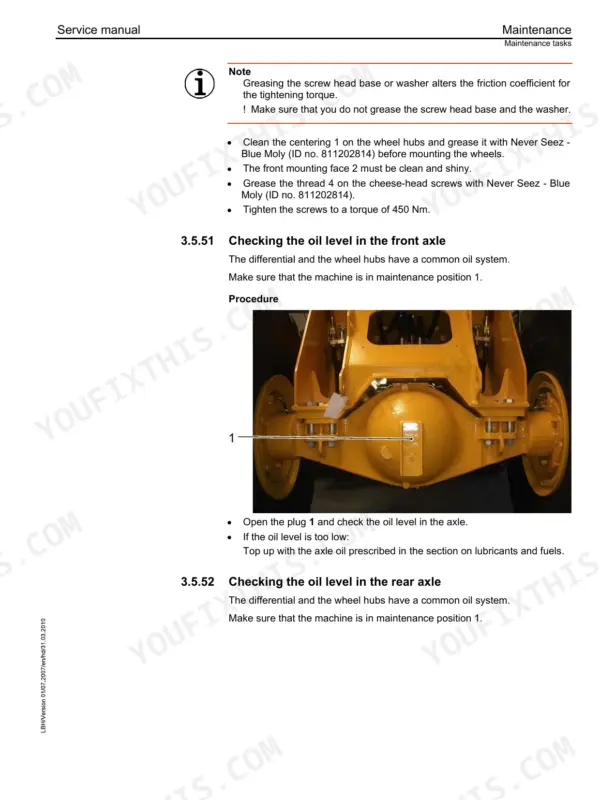 liebherr-l586-2plus2-wheel-loader-service-manual-wiring-108.webp Liebherr L586 2plus2 maintenance manual: wheel hub greasing instructions and procedure for checking front axle oil level.