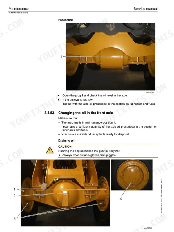 Liebherr L586 2plus2 maintenance manual showing front axle oil level check and oil change procedure with component diagrams.