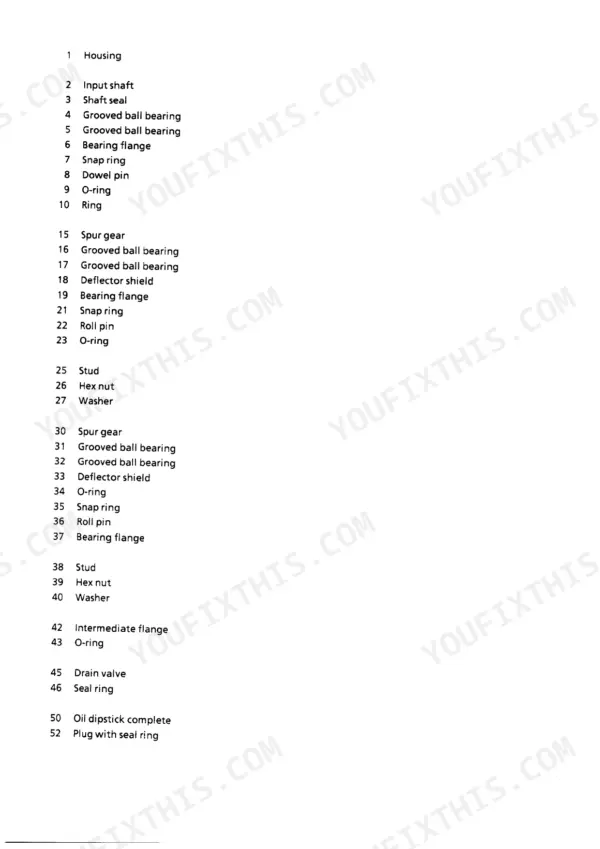 Liebherr LR 611, LR 621, LR 631, LR 641 parts list for housing, input shaft, bearings, gears, and drain valve components.