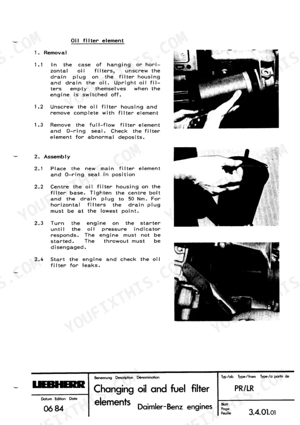 Liebherr LR 611, LR 621, LR 631, LR 641 oil filter element removal and assembly procedure for Daimler-Benz engines.