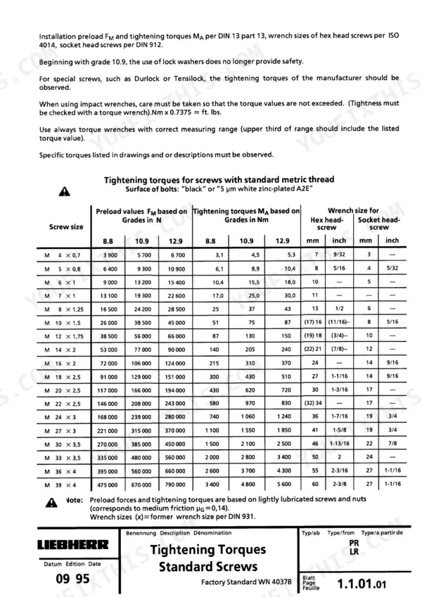 Liebherr LR 611, LR 621, LR 631, LR 641 standard metric screw tightening torque and preload values table.