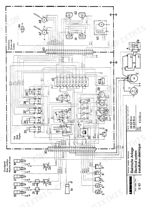 liebherr-lr-611-lr-621-lr-631-lr-641-crawler-loader-service-manual-wiring-481.webp Liebherr LR 611, LR 621, LR 631, LR 641 electrical system wiring diagram showing cab controls, gauges, and engine components.