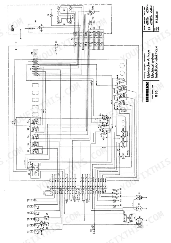 Liebherr LR 611, LR 621, LR 631, LR 641 electrical system wiring diagram showing cab components, switches, and relays.