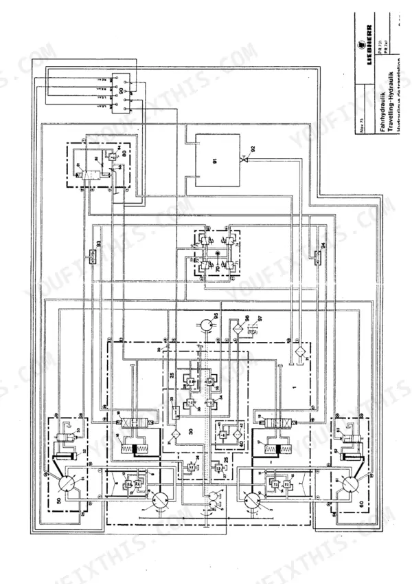 Liebherr PR 721, PR 731, PR 741 travelling hydraulic system schematic diagram showing pumps, motors, and control valves.