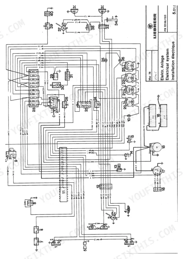 Liebherr PR 721, PR 731, PR 741 electrical system wiring diagram showing battery, alternator, fuse block, and instrument gauges.