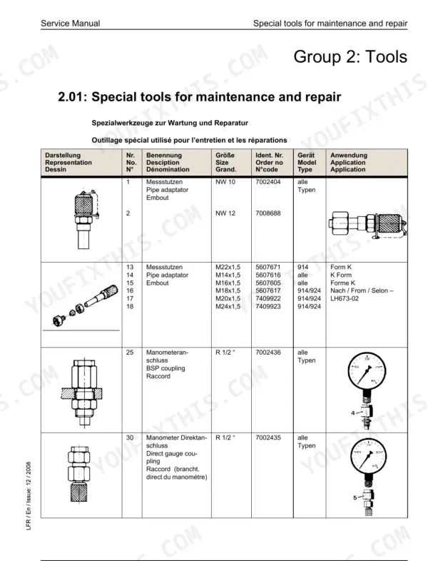 liebherr-r-914-c-r-924-c-hydraulic-excavator-service-training-exploded-view-61.webp Liebherr R 914 C, R 924 C service manual table of special maintenance tools, pipe adaptors, and pressure gauge couplings.