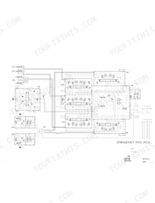 Liebherr R 914 C, R 924 C hydraulic schematic diagram showing control valves, pressure settings, and system components.