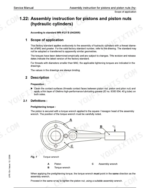 Liebherr R 914 C, R 924 C service manual assembly instructions for hydraulic cylinder pistons and piston nuts with torque diagram.