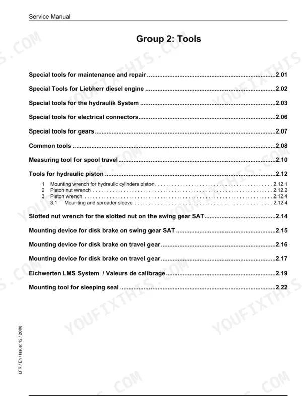 Liebherr R 914 C, R 924 C service manual Group 2 Tools table of contents listing special tools for engine, hydraulics, and gears.