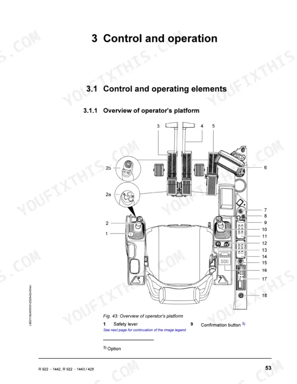 liebherr-r-922-hydraulic-excavator-operator-manual-11824095-controls-77.webp Liebherr R 922 operator platform diagram showing joystick controls, safety lever, and console operating elements.