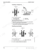 liebherr-r-922-hydraulic-excavator-operator-manual-11824095-operations-140.webp Liebherr R 922 operator manual page showing procedures for travelling in a straight line and around bends using accelerator pedals.