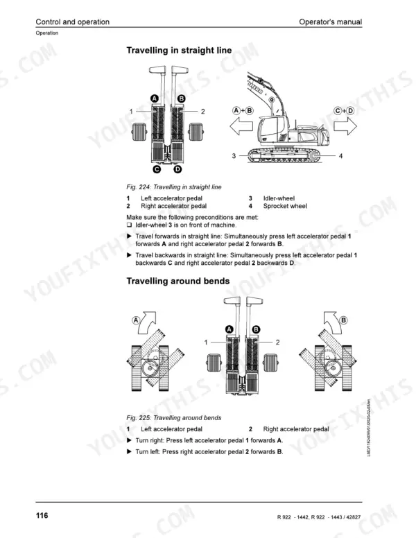 Liebherr R 922 operator manual page showing procedures for travelling in a straight line and around bends using accelerator pedals.