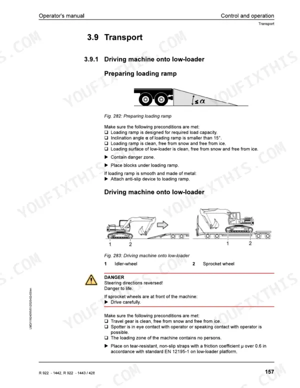 Liebherr R 922 operator manual page showing transport procedures for driving the excavator onto a low-loader trailer ramp.