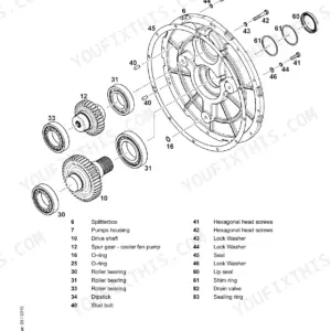 Liebherr R 924 exploded view of splitterbox, drive shaft, roller bearings, and seals for pump housing installation.