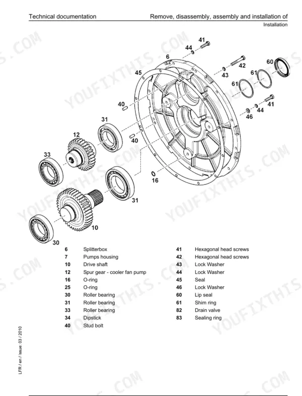 liebherr-r-924-compact-hydraulic-excavator-material-handler-service-manual-10359401-exploded-view-168.webp Liebherr R 924 exploded view of splitterbox, drive shaft, roller bearings, and seals for pump housing installation.