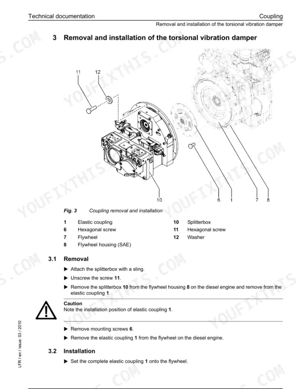 Liebherr R 924 torsional vibration damper removal and installation procedure, showing exploded view of splitterbox and coupling.