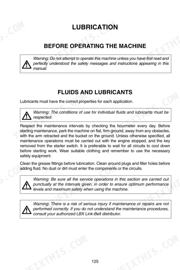 Link-Belt 130 LX, 160 LX lubrication and maintenance safety procedures, warnings, and fluid handling guidelines.