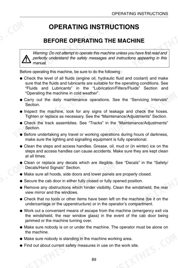 Link-Belt 130 LX, 160 LX operating instructions checklist for pre-operation safety and machine inspection procedures.