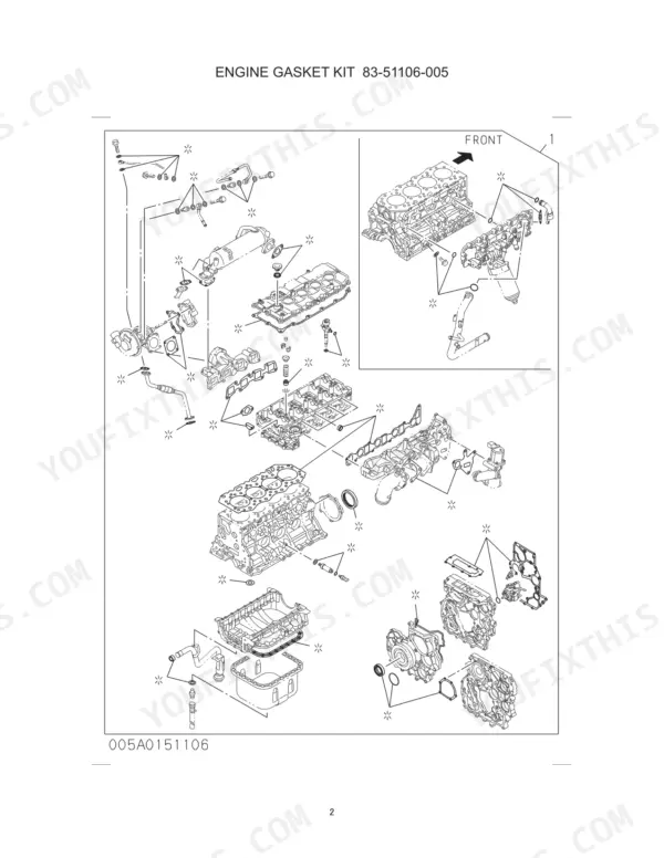 link-belt-160x2-hydraulic-excavator-parts-manual-2204-engine-parts-452.webp Link-Belt 160X2, 160X2 - EX exploded view diagram of engine gasket kit 83-51106-005 showing cylinder block and head components.