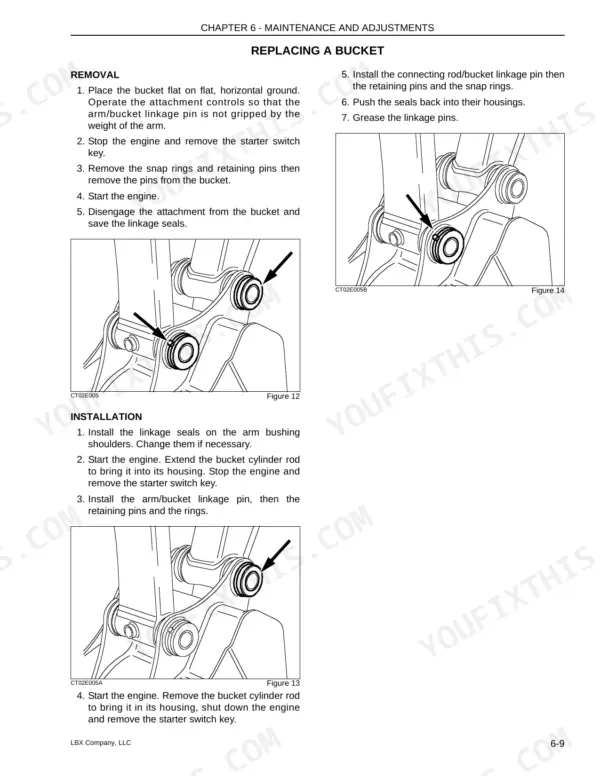 Link-Belt 210 X2 bucket removal and installation procedure with linkage pin and seal diagrams.