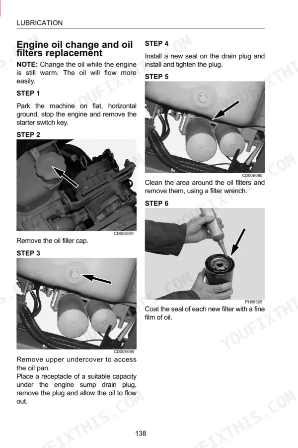 Link-Belt 210LX, 240LX engine oil change and filter replacement procedure with step-by-step photos and instructions.