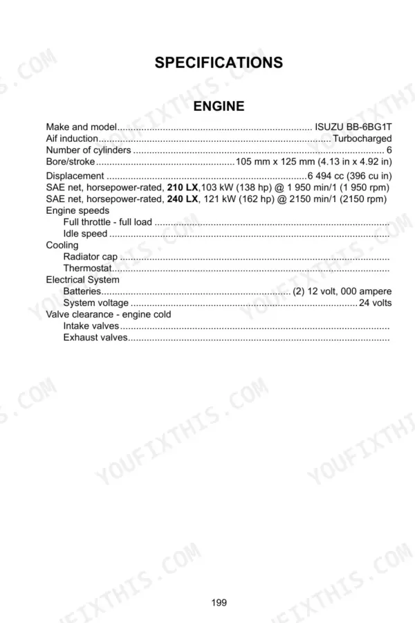Link-Belt 210LX, 240LX engine specifications table including Isuzu BB-6BG1T engine data, horsepower, and electrical system details.