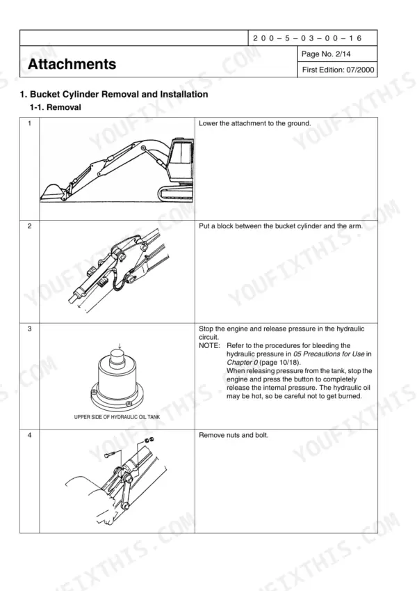 Link-Belt 225 Spin Ace, SH225X-3 bucket cylinder removal procedure steps with hydraulic tank pressure release instructions.