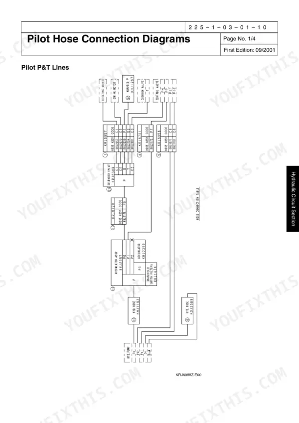link-belt-225-spin-ace-hydraulic-excavator-shop-manual-1113-wiring-123.webp Link-Belt 225 Spin Ace, SH225X-3 pilot hose connection diagram showing P&T lines, hydraulic components, and hose assembly codes.
