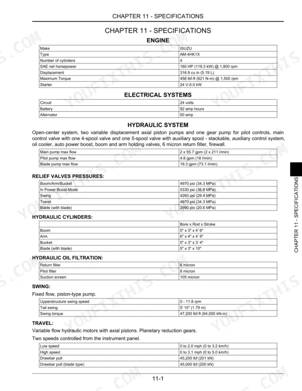 Link-Belt 235X3 specifications table for engine, electrical, hydraulic systems, relief pressures, cylinders, swing, and travel.
