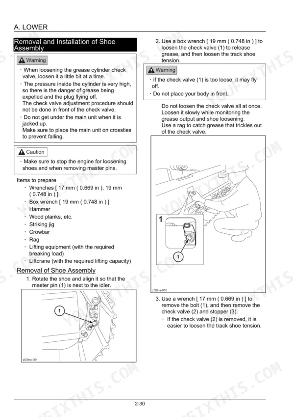 Link-Belt 235X3 service manual procedure for removal and installation of track shoe assembly and grease cylinder check valve.