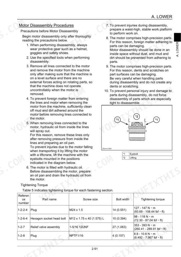 Link-Belt 235X3 motor disassembly procedures, lifting diagram, and tightening torque table for plugs and relief valve assembly.