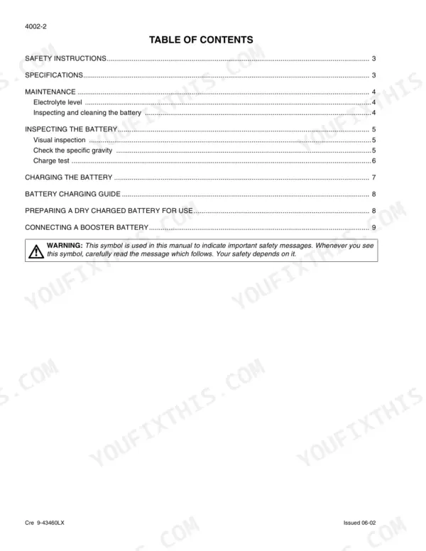 Link-Belt 290 LX table of contents for battery maintenance, inspection, charging, and safety procedures.