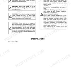 Link-Belt 290 LX safety instructions page detailing battery handling, acid burn first aid, and charging precautions.