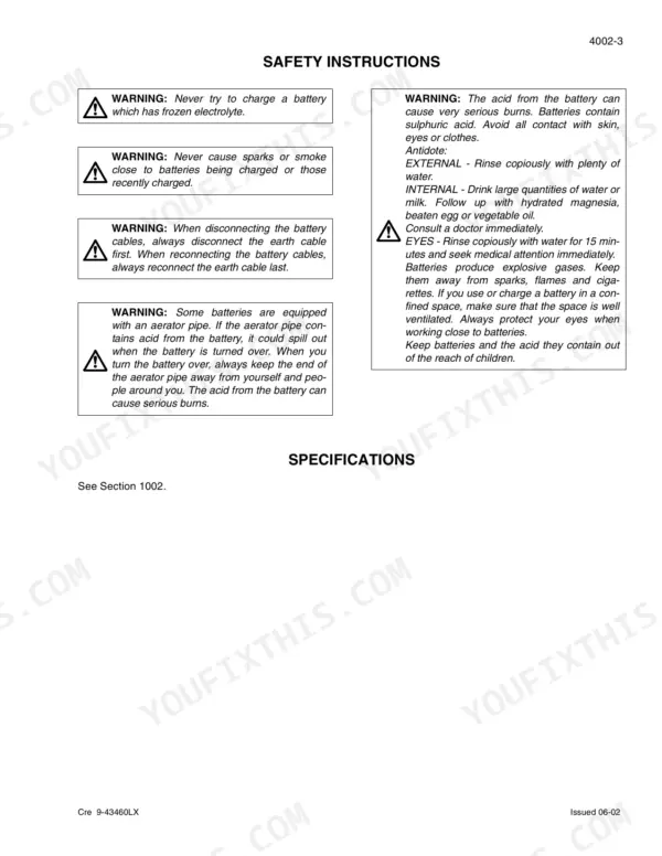 link-belt-290-lx-crawler-excavator-shop-manual-9-44510lx-page-149.webp Link-Belt 290 LX safety instructions page detailing battery handling, acid burn first aid, and charging precautions.