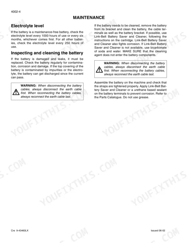 Link-Belt 290 LX maintenance manual page covering battery electrolyte level inspection and cleaning procedures.