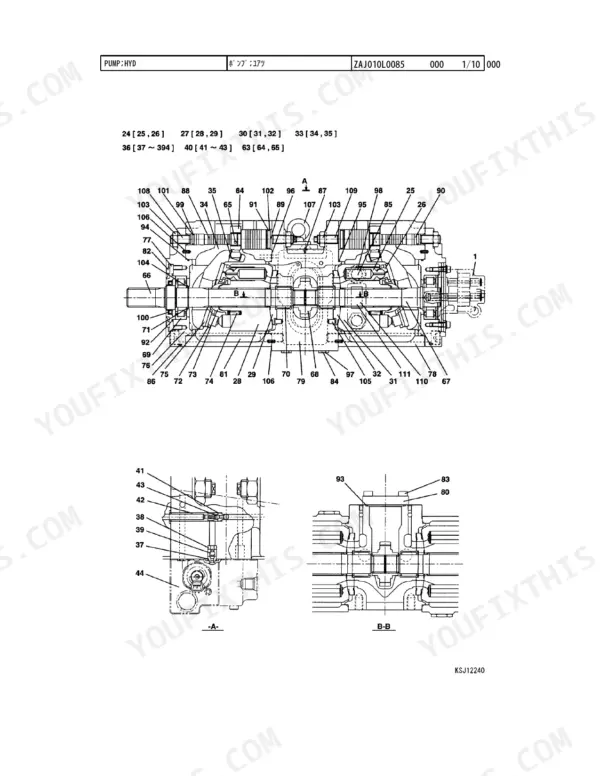 Link-Belt 350X2 hydraulic pump exploded view diagram showing internal components and cross-sections A and B.