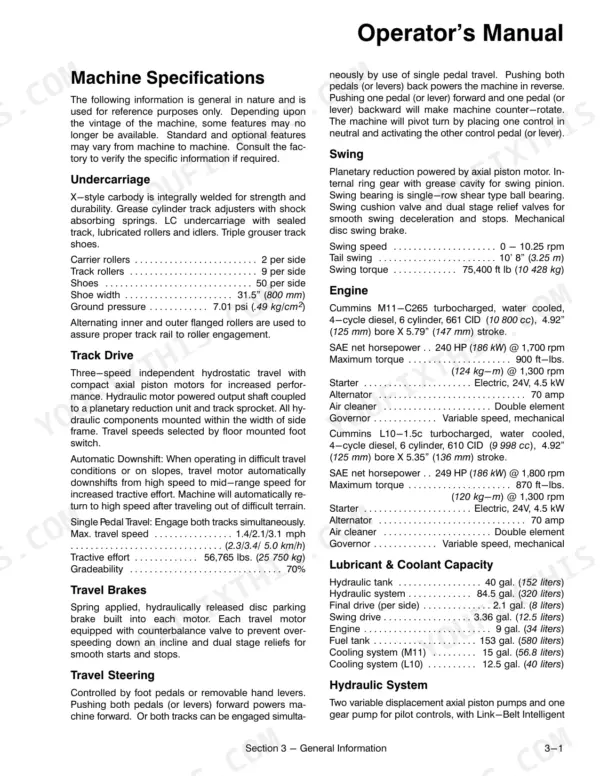 Link-Belt 4300 Q operator manual page showing machine specifications for undercarriage, track drive, swing, engine, and fluid capacities.