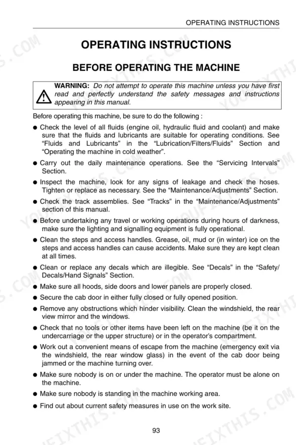 Link-Belt 460 LX operating instructions checklist for pre-operation safety, fluid checks, and daily maintenance procedures.