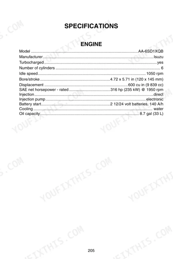 Link-Belt 460 LX engine specifications table including Isuzu AA-6SD1XQB model, displacement, horsepower, and oil capacity.
