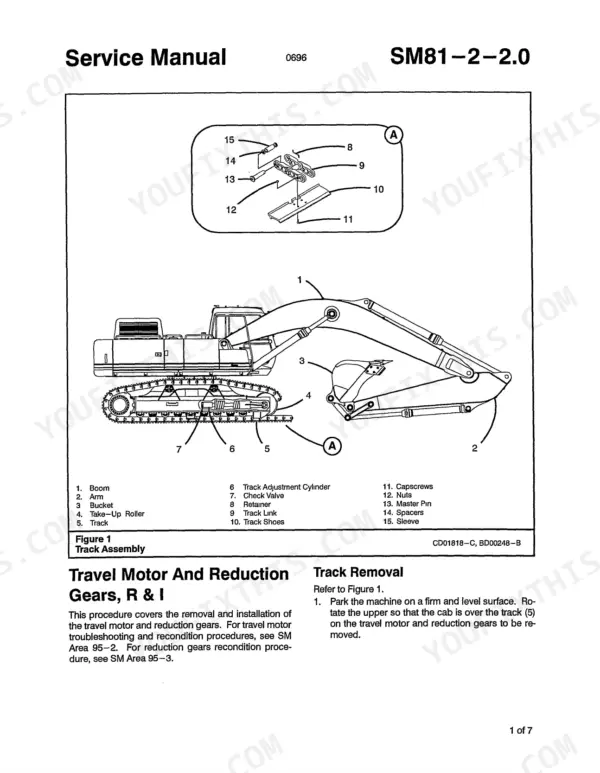 Link-Belt 5800 Quantum track assembly diagram, parts list, and track removal procedure instructions.