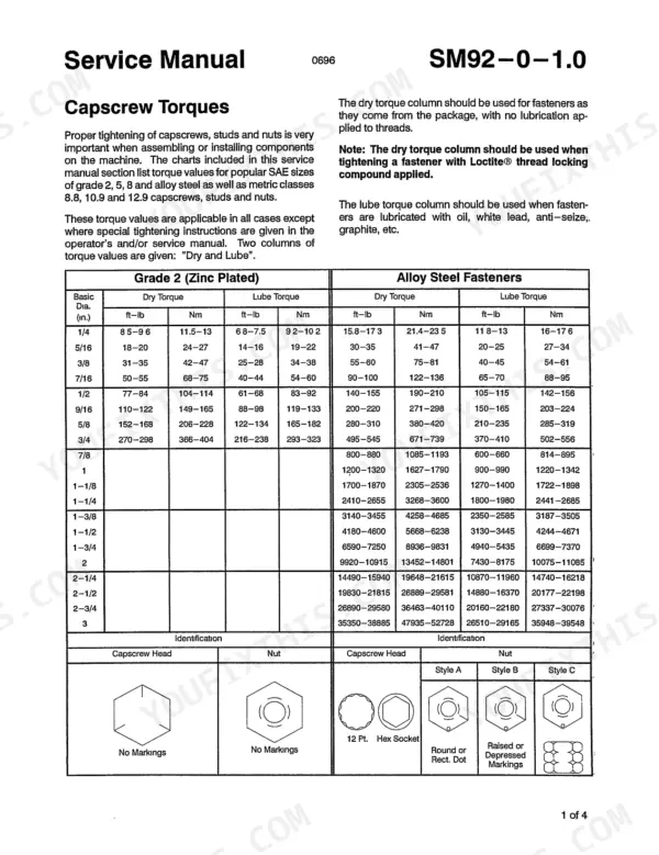 Link-Belt 5800 Quantum service manual capscrew torque table for Grade 2 and Alloy Steel fasteners with head identification.