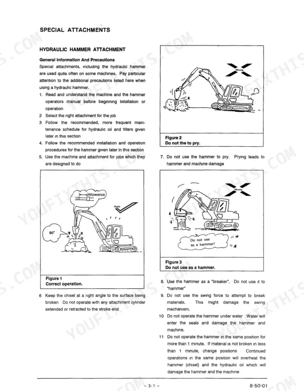 Link-Belt LS-2700 hydraulic hammer attachment safety precautions, operating procedures, and correct usage diagrams.