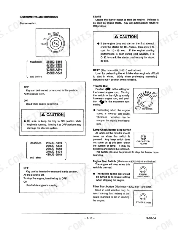 link-belt-ls-4300-hydraulic-excavator-operator-manual-f00056-1092-controls-27.webp Link-Belt LS-4300 operator manual page showing starter switch, throttle dial, engine stop switch, and ether start button controls.