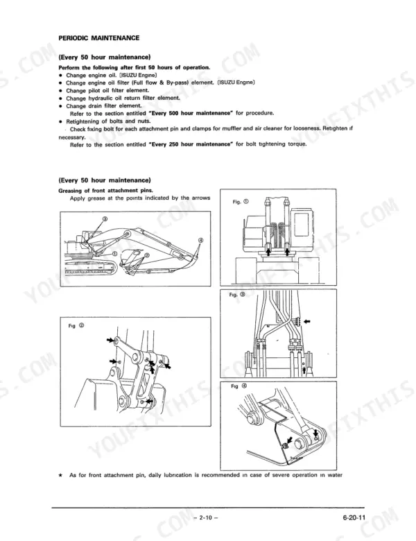 Link-Belt LS-4300 50-hour periodic maintenance procedures, including engine oil changes and front attachment pin greasing diagrams.